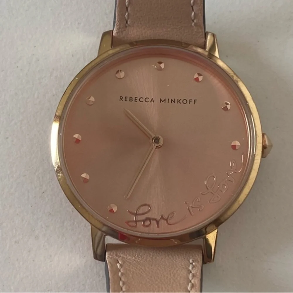 Rebecca Minkoff Rose Gold Love round Face Tan Leather Quartz Watch